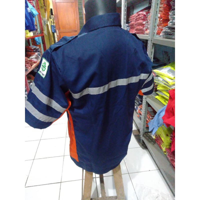 BAJU SAFETY SERAGAM LENGAN PENDEK FREE LOGO K3 BENDERA ORANYE DONGKER KANCING