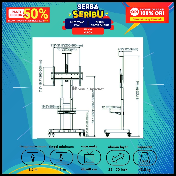 Braket Breket Bracket Tv Standing 40 50 49 43 42 40 60 65 70 80 Inch North Bayou Ava 1800 100% Ori Semua Merk 32 - 80 Inci Led Plasma Garansi Polytron Sharp Aquos LG Samsung Coocaa Changhong Xiaomi Mi Realme Tcl Akari Panasonic Toshiba Sony Hisense BB1