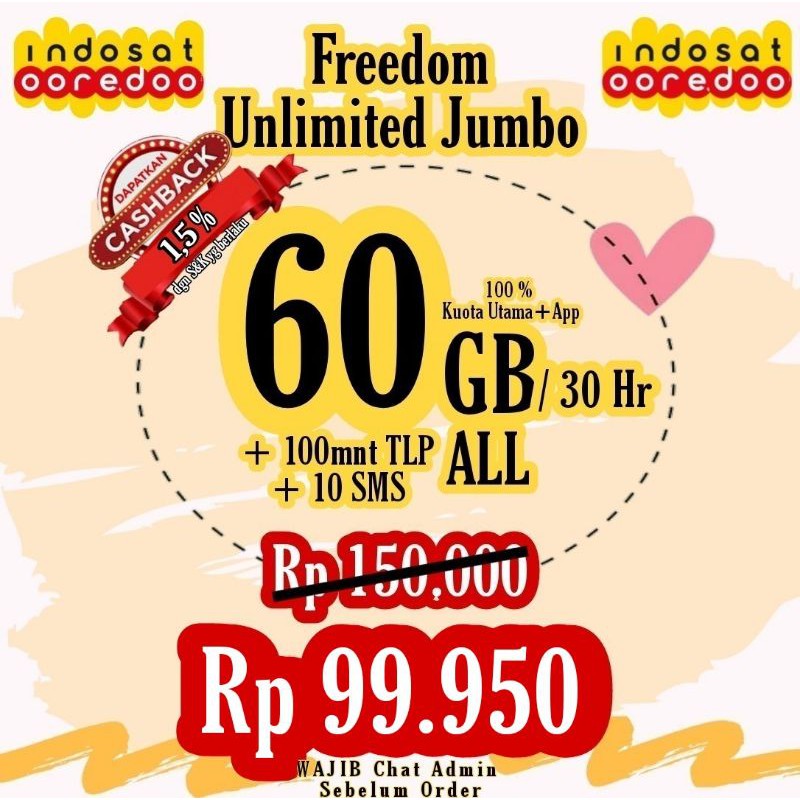 PAKET DATA INDOSAT 60GB // FREEDOM UNLIMITED JUMBO