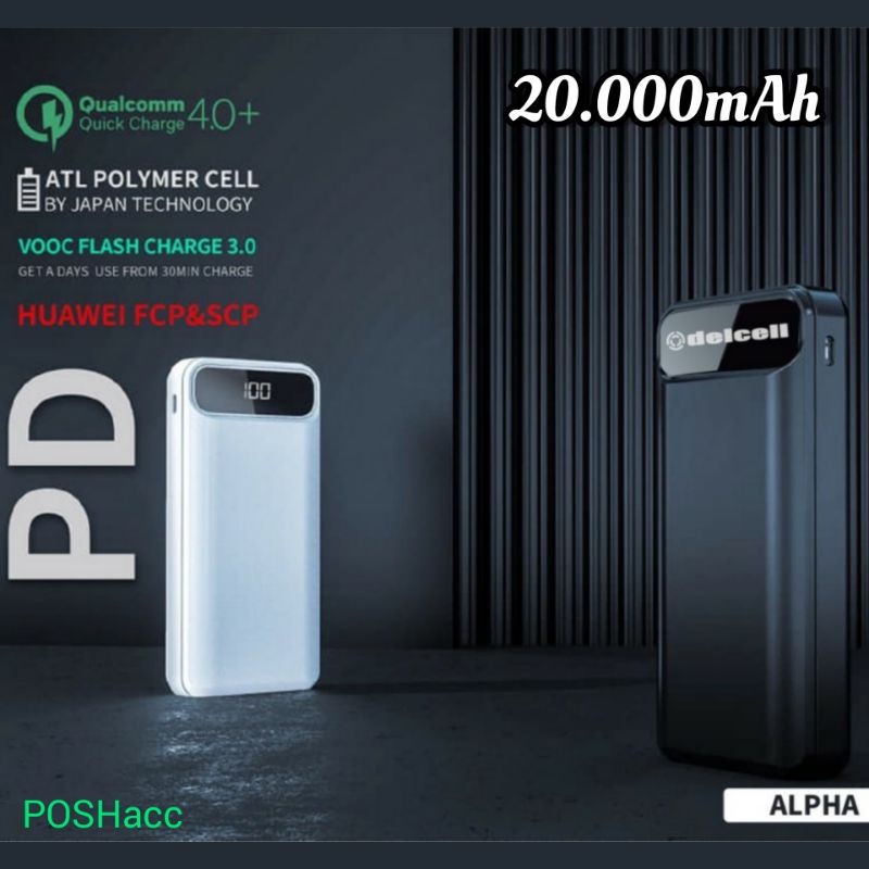 Delcell Alpha Powerbank 20000mAh QC 4.0+ PD 22.5W VOOC 3A Fast Charge LED Black White Garansi Resmi