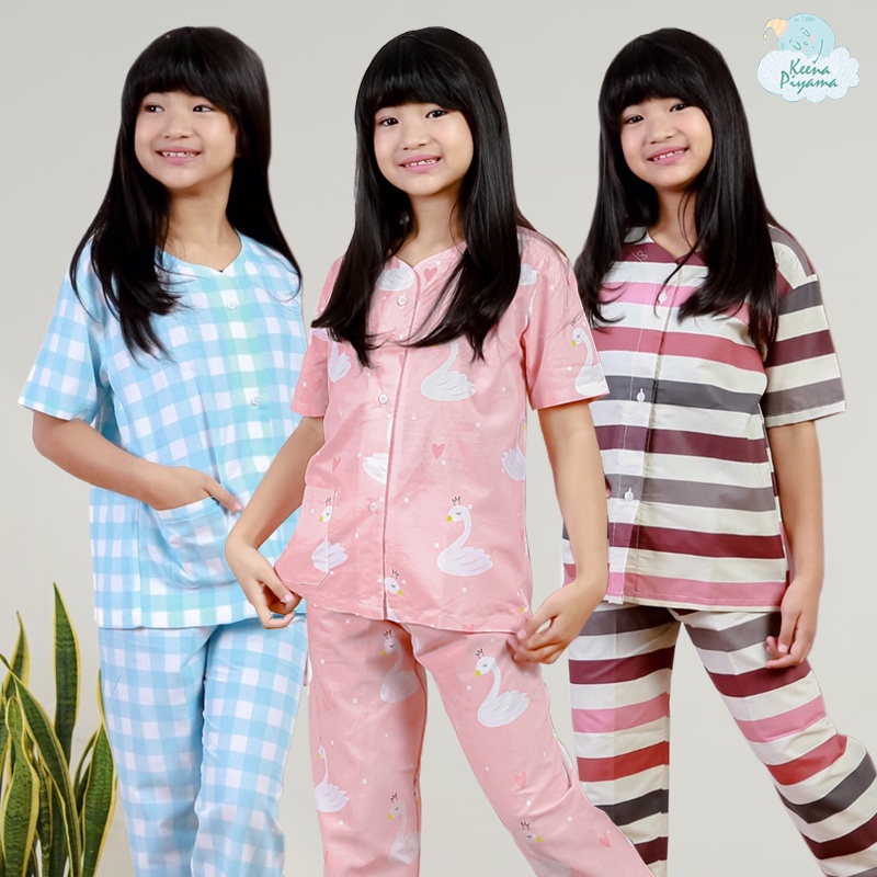 Set Baju Tidur/Piyama Anak Perempuan Laki Laki Katun Kerah Y Motif Garis Kotak Usia 1-15 Tahun