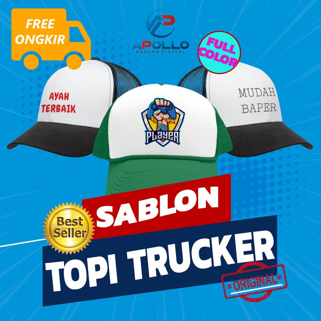 TOPI CUSTOM TRUCKER JARING NAMA TULISAN GAMBAR LOGO SABLON SATUAN ECERAN GROSIR DTF