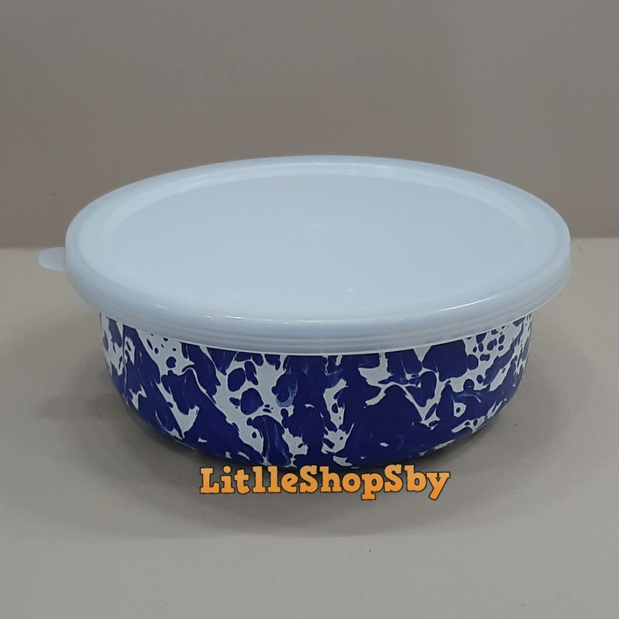 Rantang Bowl Mangkok Enamel 16cm Biru Blirik Loreng Tutup Plastik