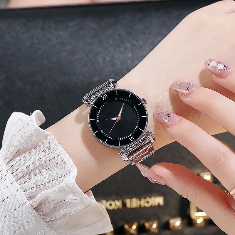 Jam Tangan Quartz Luminous Strap Stainless Steel Warna Silver Casual Fashion Untuk Wanita