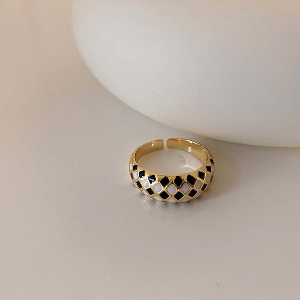 Needway  Women Girls Checkerboard Grid Rings Romantic Open Rings Metal Rings Dripping Oil Gold Color Black White Grid Geometric Adjustable Vintage Korean Style