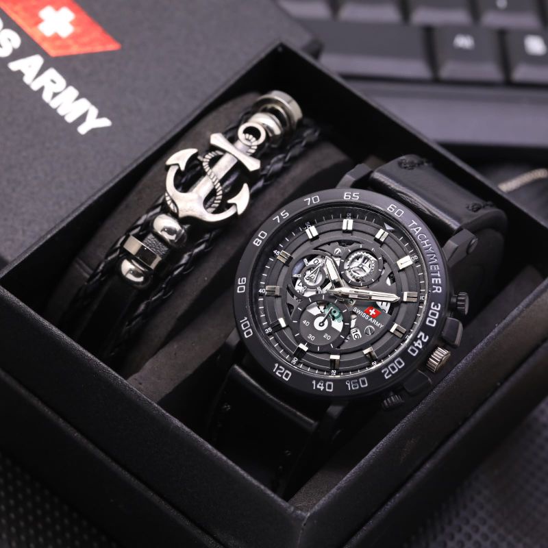 Paket Gelang  Jam Tangan Pria Chrono SWAR103L Freebox+Gelang Jangkar