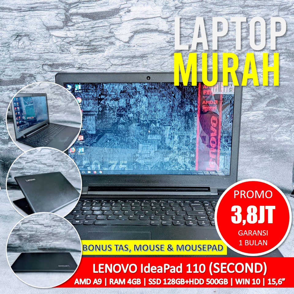 [Bisa COD] Laptop LENOVO IdeaPad 110-15AST AMD A9 RAM 4GB SSD 128GB+HDD 500GB NO MINUS  – Laptop Sec