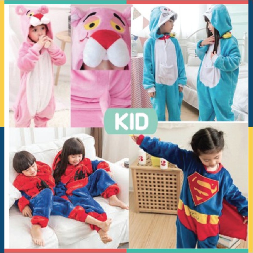 KOSTUM PIYAMA ONESIE KIGURUMI KID HERO SUPERMAN SPIDERMAN HELLOKITTY DORAEMON PINK PANTHER