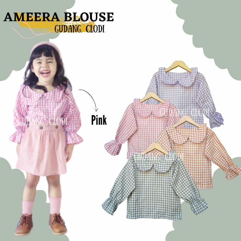 AMEERA blouse anak CHERRY 3-4 tahun baju anak perempuan kotak lucu