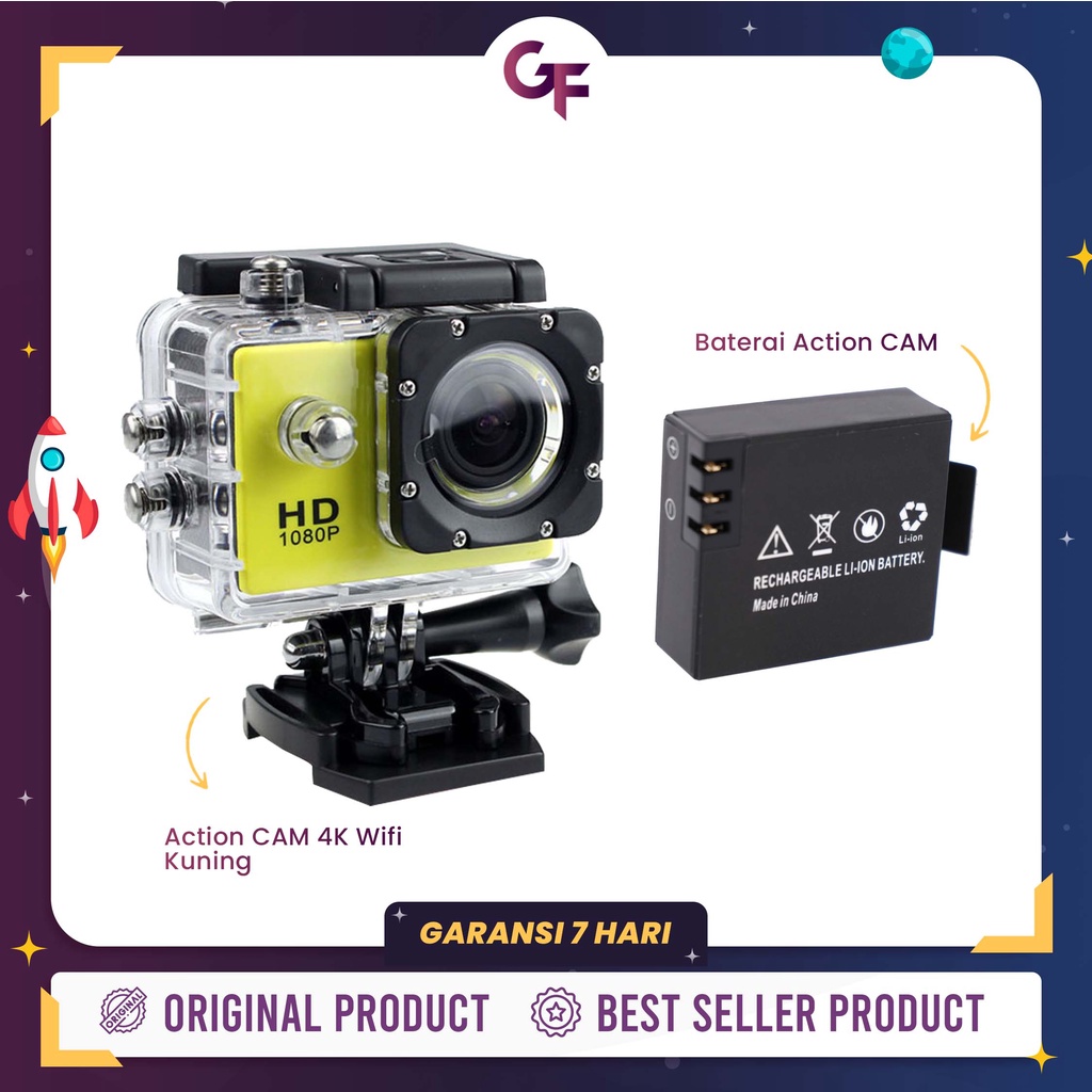 ACTION CAMERA 4K DAN 1080 HD WATERPROOF 900 MAH AKSESORIS LENGKAP - GOODFELLAS-KNING WIFI + BATERAI