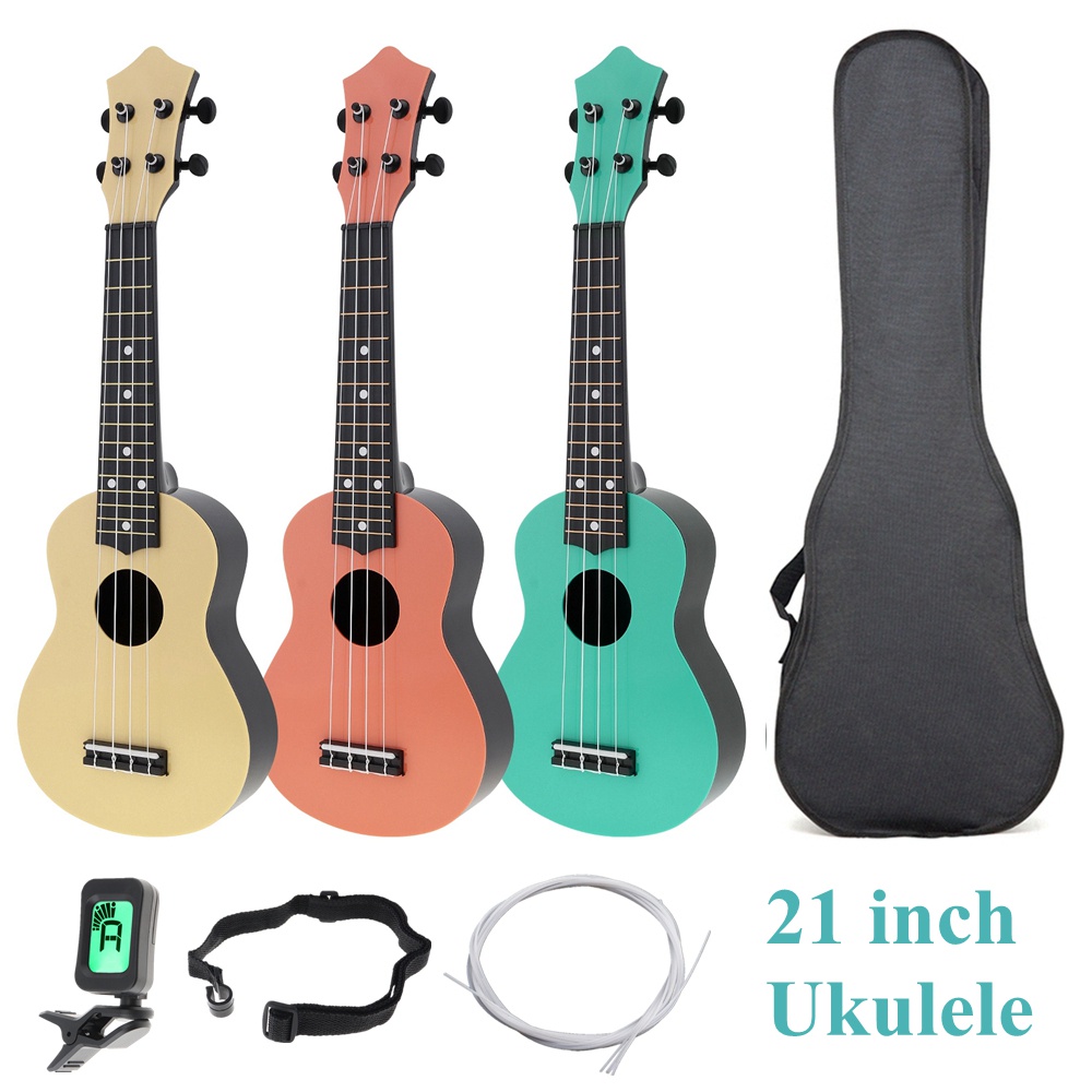 Gitar Akustik Ukulele Soprano 4 Senar Warna-Warni Ukuran 21 Inci 3 Warna Dengan Tas Tuner Strap Untuk Pemula