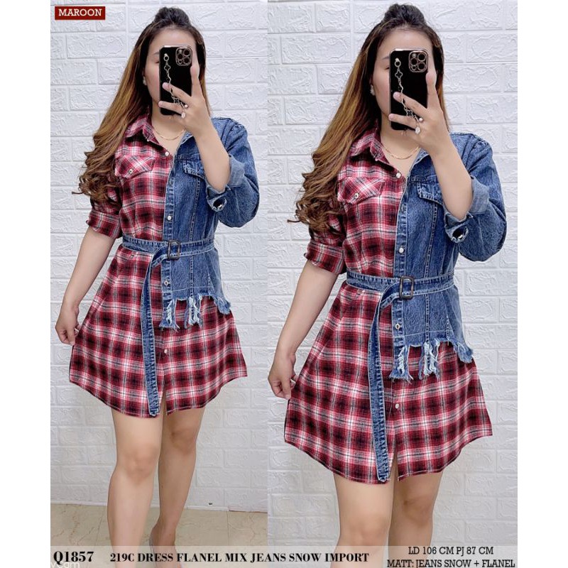 219C#Dress flanel mix jeans bkk import super keren|dres jeans katun mix jeans premium,ld 106 pj 87cm