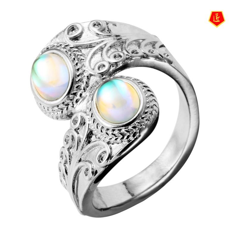 [Ready Stock]Colorful Moonstone Ring Female Exaggerated Carved Punk Style