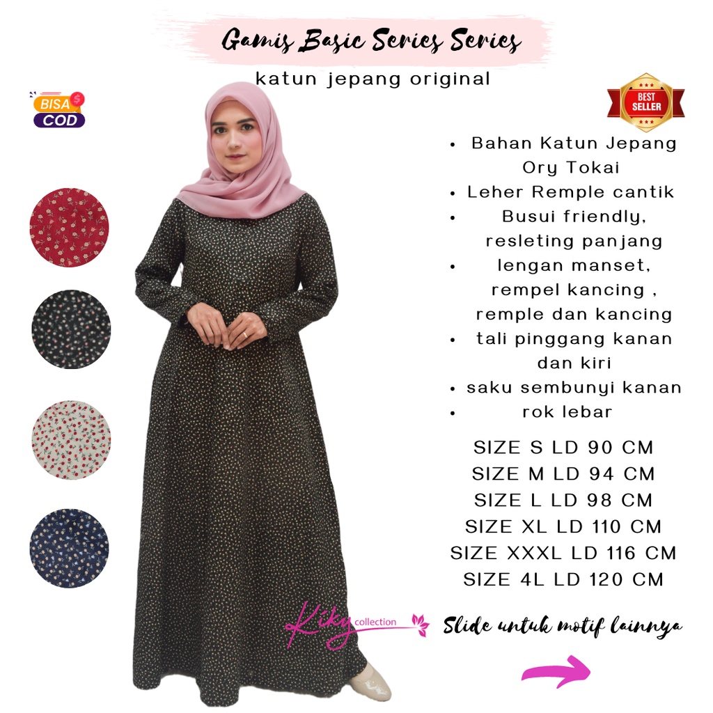 Gamis Katun Jepang Ory Busui Motif Bunga Kecil Basic Melati Size S, M L  XL XXXL Merah Hitam Putih N