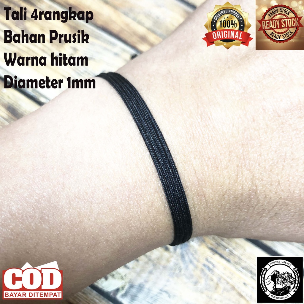 Gelang Prusik Hitam Polos Tali 4Rangkap Asli Handmade