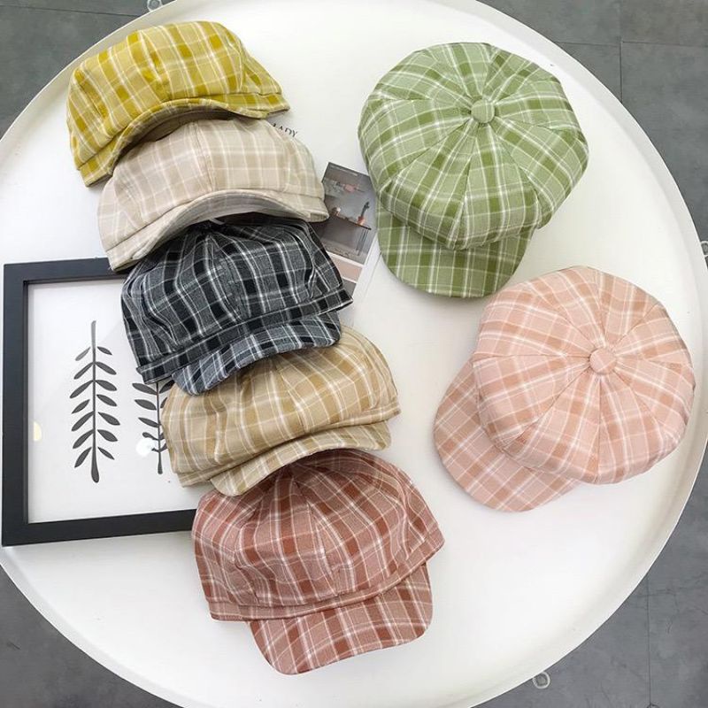 Topi Baret Simple Motif Kotak-Kotak Bahan Katun Gaya Korea jepang