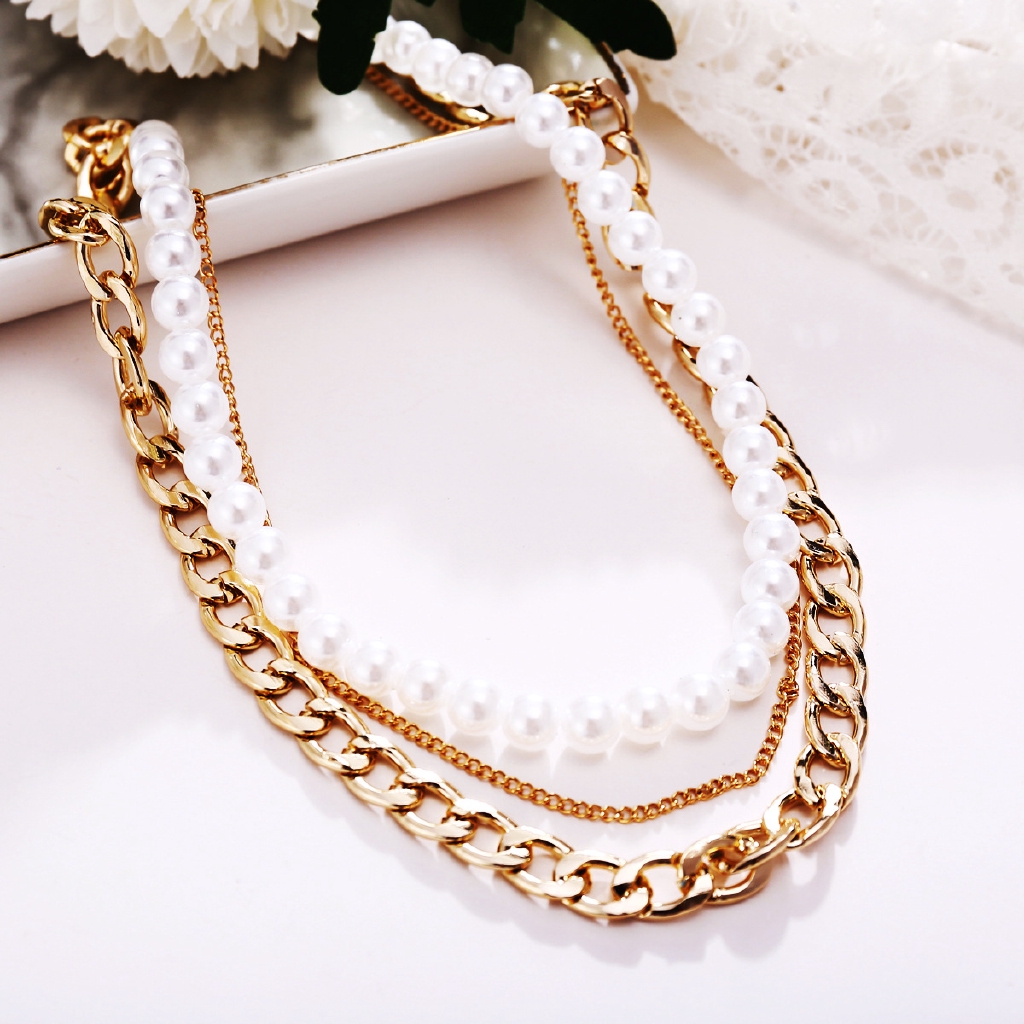 AY(CN) Kalung Choker Rantai Multilayer Warna Emas Aksen Mutiara Gaya Retro Elegan Untuk Wanita