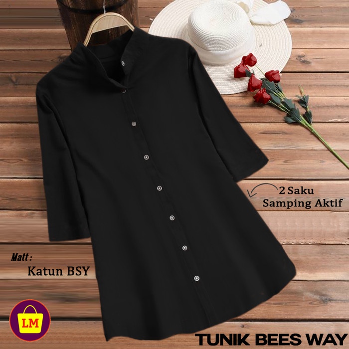 Baju Atasan Blouse Wanita TUNIK BEES WAY Motif Polos LMS 19444-19450 - Hitam, XL