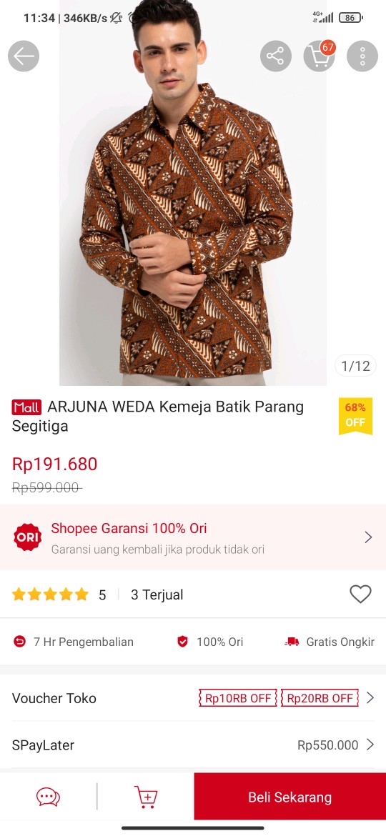 Arjuna Weda Kemeja Batik Parang Segitiga