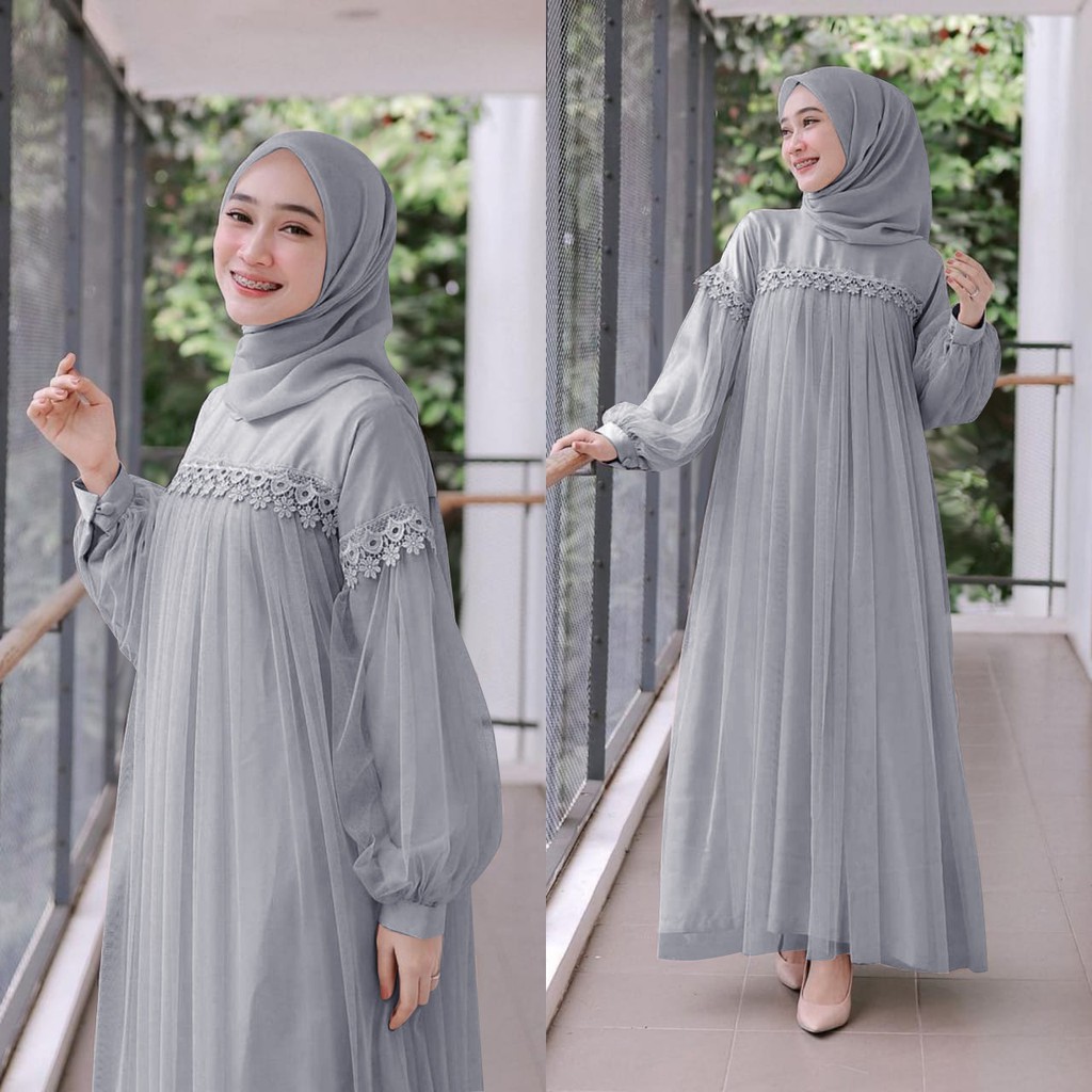 MAXI DRESS PANJANG NURAINI | GAMIS MUSLIM MURAH PEREMPUAN BROKAT TILE CANTIK RENDA IMPORT TERBARU-1