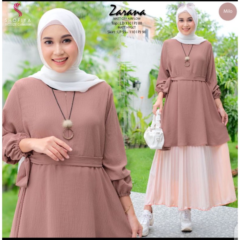 Setelan rok Zarana Ori by Shofiya 2 in 1 set rok plisket dan tunik cey airflow oneset rok
