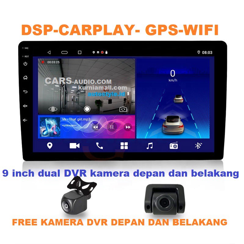 Head unit Android Dual DVR GPS DSP 9 inch Carplay Quad-core  Android 10 Dual DVR front and rear cam