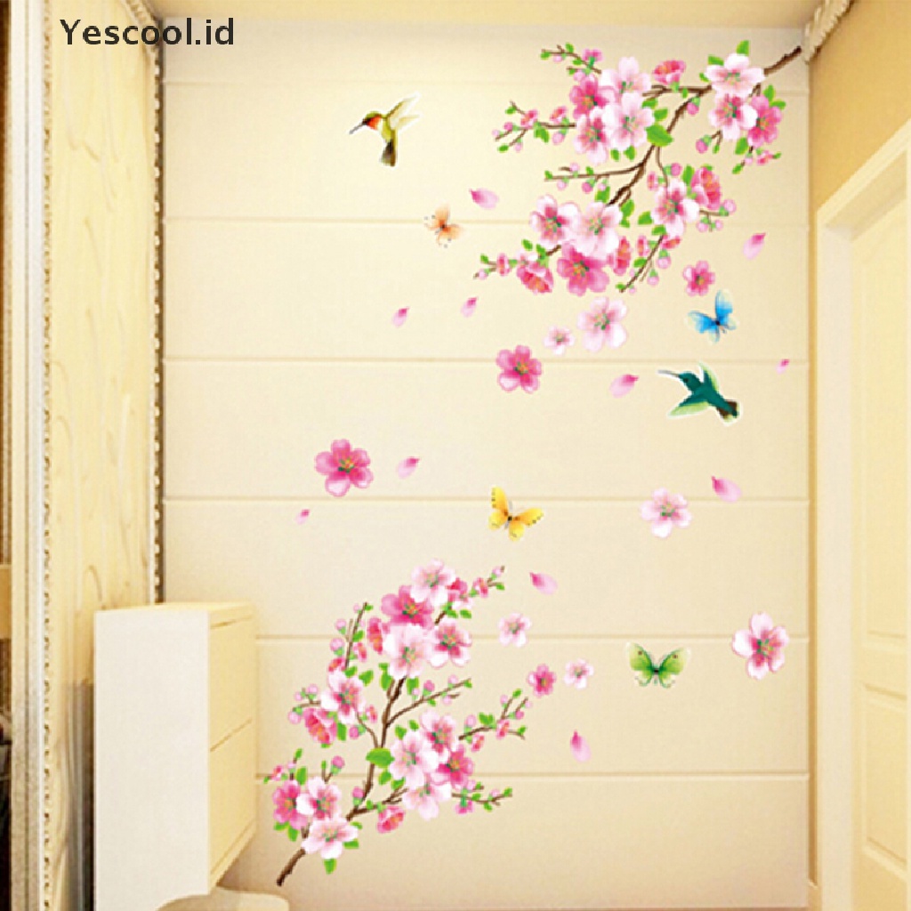 Stiker Dinding Desain Bunga Peach blossom Birds Bahan PVC Dapat Dilepas Untuk Dekorasi Rumah