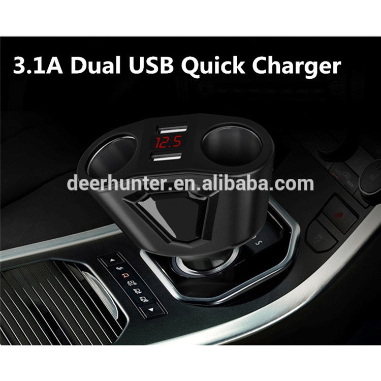 Car Charger Voltage Monitor 2 Port 3.1A with 2 Cigar Socket 120W