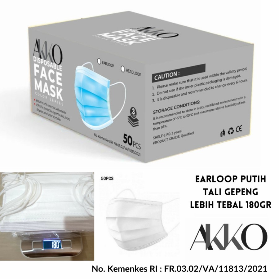 MASKER EARLOOP PUTIH PREMIUM 3PLY AKKO ORIGINAL KEMENKES