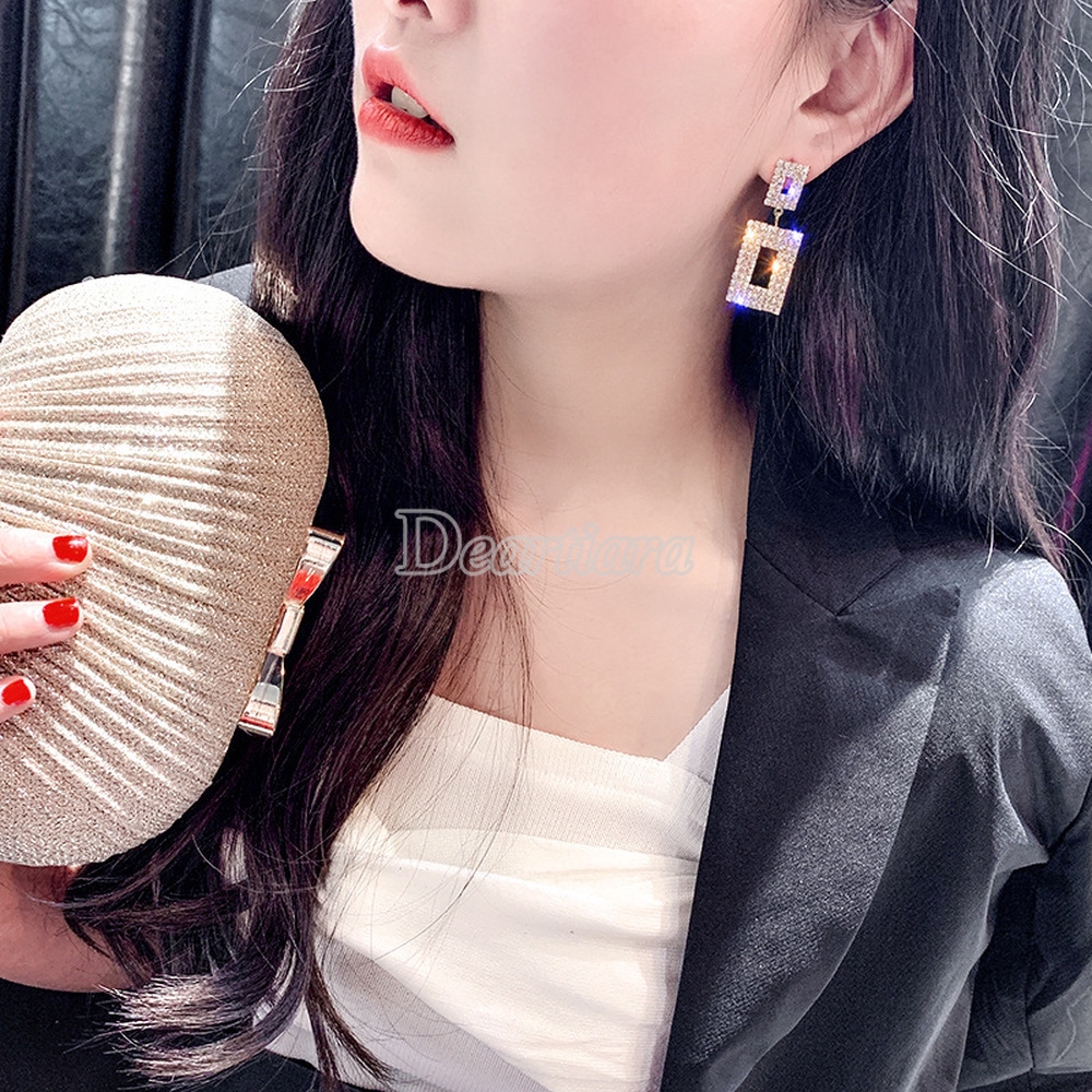 Anting Gantung Panjang Motif Geometri Hias Berlian / Mutiara Imitasi Berkilau untuk Wanita