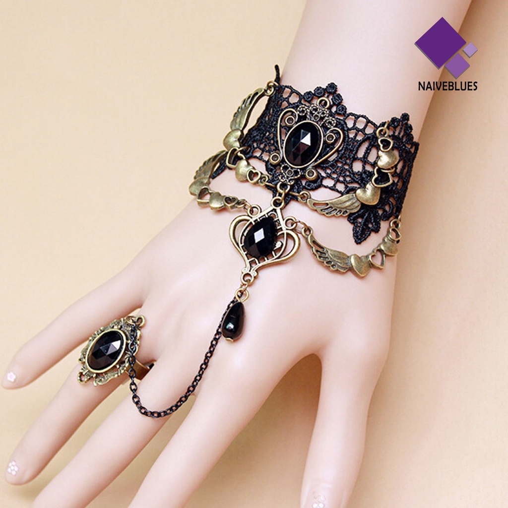 Kalung Gelang Cincin Bahan Lace Warna Hitam Gaya Gothic Punk Untuk Wanita