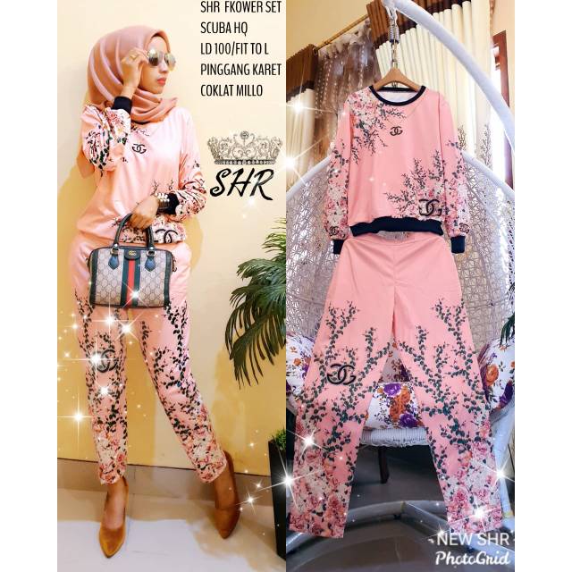 100% ORI SHR Set setelan celana scuba flower bunga import syahira coklat millo