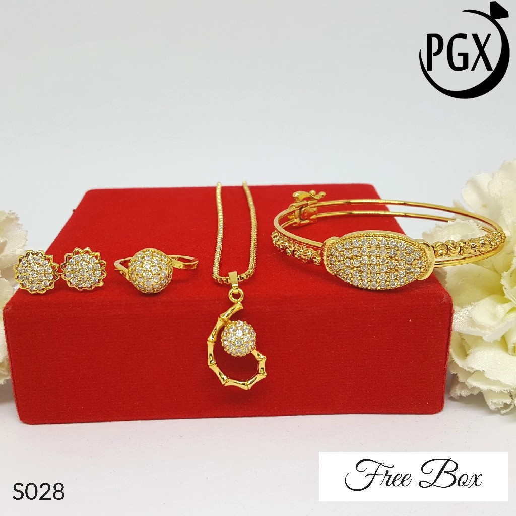 PGX Set Perhiasan Xuping Cincin Gelang Kalung Anting Lapis Emas - S028