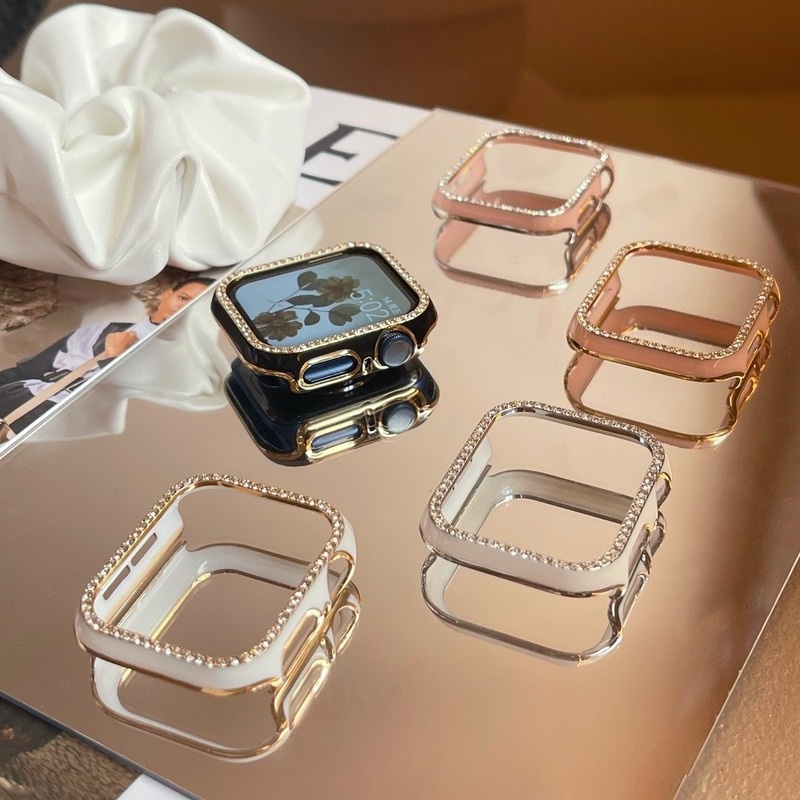 Diamond Case Untuk Apple watch 45mm 41mm 40mm 42mm 38mm Aksesoris Bling Bumper Pelindung Cover iWatch Series7 6 SE 5 4 3 2 1