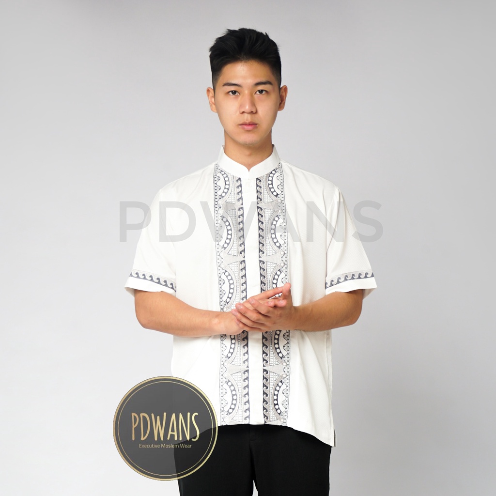 Baju Koko Lengan Pendek Putih Kemeja Koko Muslim Bordir M L XL PDWANS - BMT32