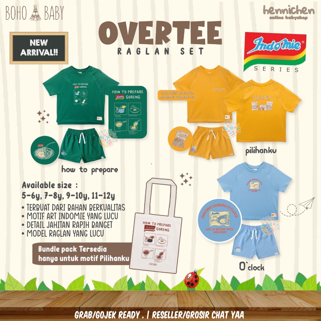 BOHOPANNA X INDOMIE OVERTEE SET FAMILY SET BUNDLE INDOMIE OVERTEE RAGLAN SET 5 - 12 TAHUN