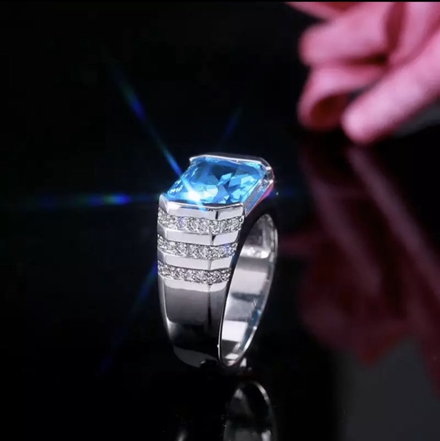 Cincin Pria Perak Topaz Sky Blue Cutting Mewah Berkelas Kantoran Simple Elegan Minimalis