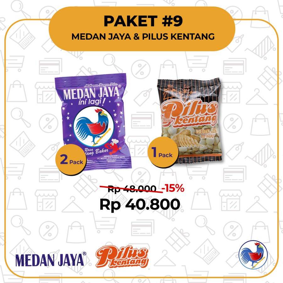 

2 pack Medan Jaya + 1 pack Pilus Kentang (1 kotak isi 3 pack/60 pcs)