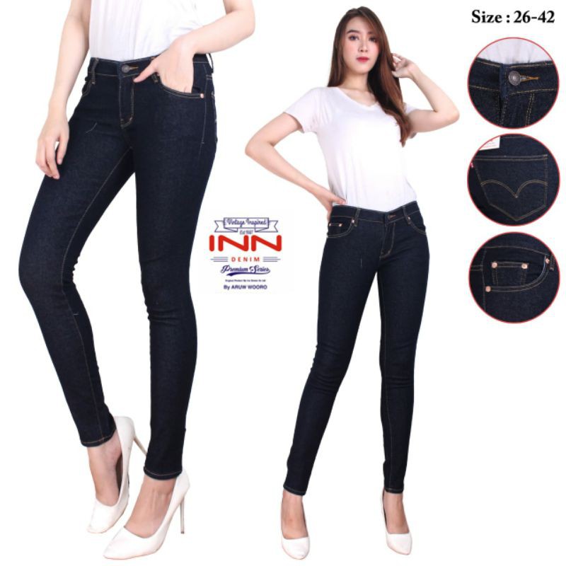 INN DENIM 512 Celana jeans Strech wanita warna garment tidak luntur