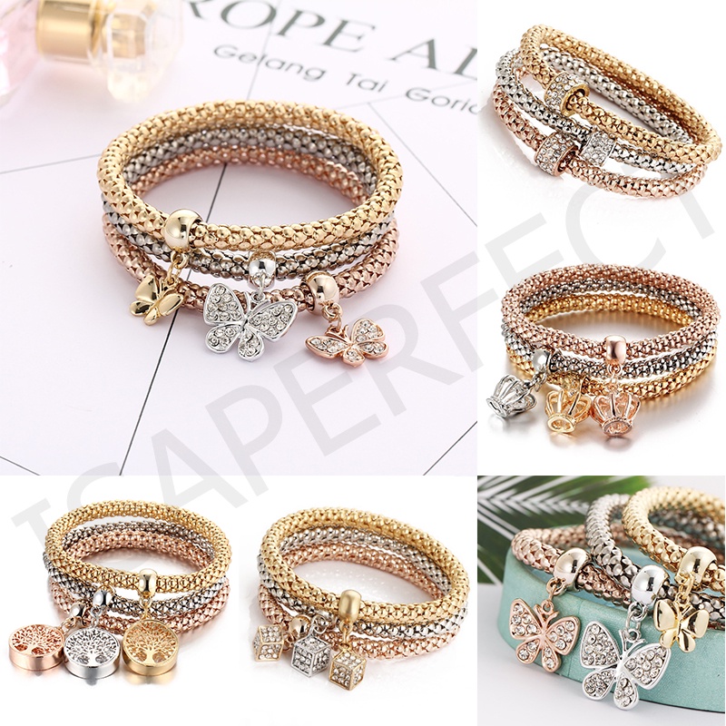 Korea Tiga Warna Set Gelang Wanita Elastis Jagung Rantai Fashion Gelang Berlian Kupu-kupu Liontin Perhiasan