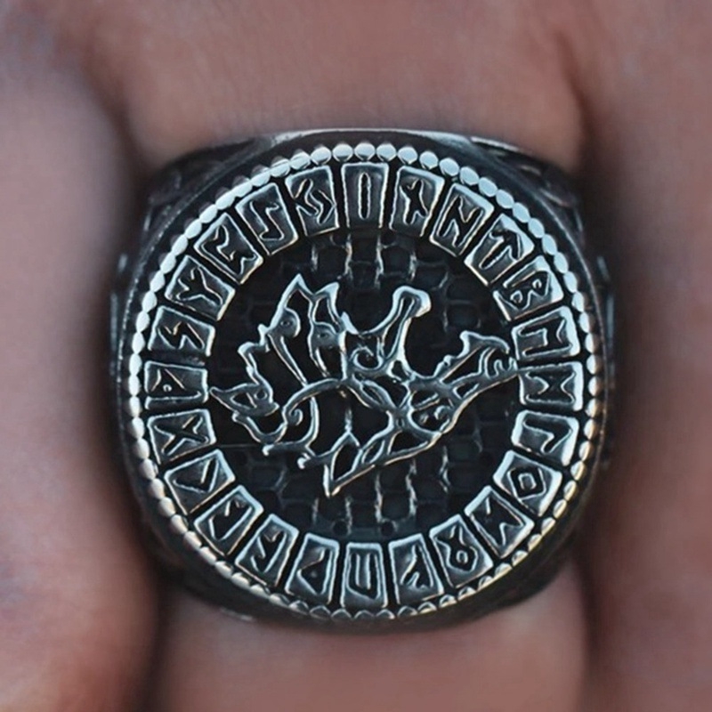 Perhiasan Cincin Bahan Alloy Model Viking Rune Wolf Rune Gaya Retro Untuk Pria