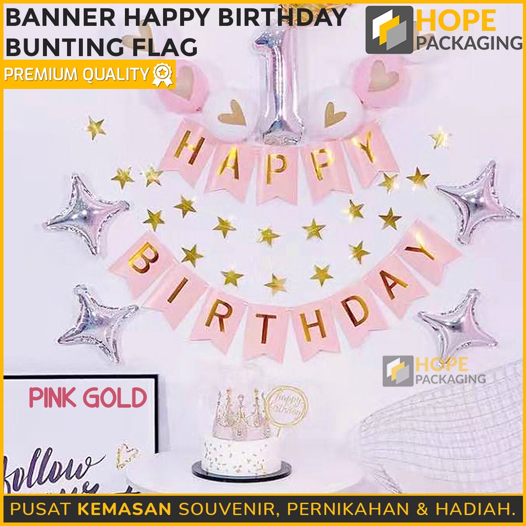 Banner Happy Birthday SEGI LIMA / Bunting Flag Ulang Tahun Tulisan Gold Pastel HIjau Biru / Cheap Banner