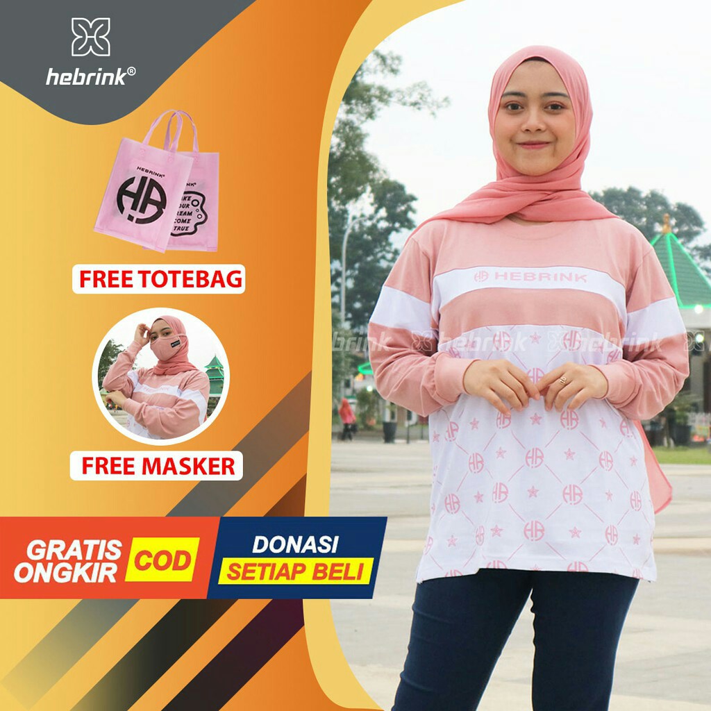 ⭐BONUS TOTEBAG⭐ Sweatshirt Hebrink Original HB21 Dusty Pink x White - Kaos Wanita Lengan Panjang