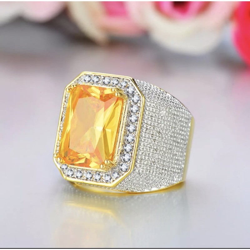 Cincin Pria Mewah Batu Safir Kuning Yakut Gold Platted