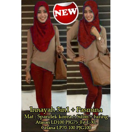 BAJU MUSLIM -  [Innayah 3x1+Pasmina SW] setelan wanita spandek korea merah