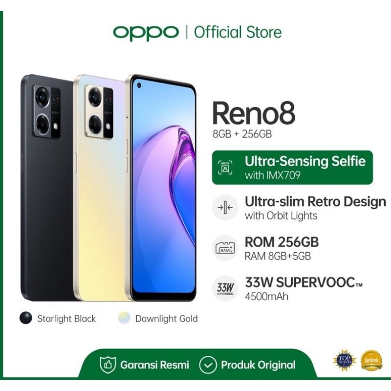 OPPO RENO 8 4G RAM 8 GB, ROM 256 GB,GARANSI 1 TAHUN, 100% SEGEL ORI.