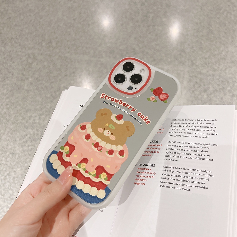 IPHONE Case Kaca Mata Besar Cermin Make Up Kue Beruang Lucu Untuk Iphone11 8 7 Plus SE2 XS XR 12 13 Mini PRO MAX Casing Cover Pelindung