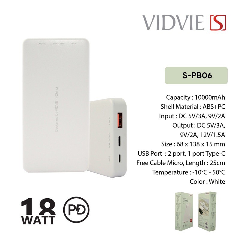 Powerbank VIDVIE S-PB06 10000mAh fash charging