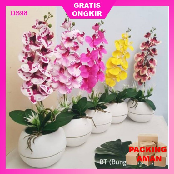 Bunga Tanaman Hias Hiasan Plastik Anggrek Latex Besar Artificial Gantung Dinding Murah Indoor Rumah