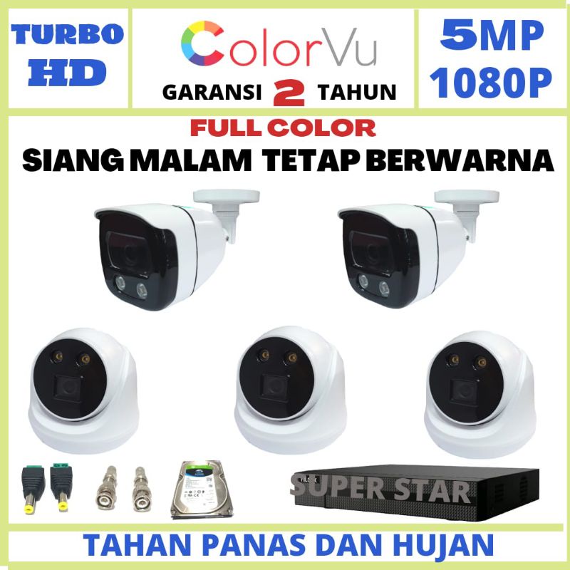 PAKET CCTV 8 CHANNEL 5 KAMERA COLOR VU LENSA 5MP 1080P CHIPSET SONY XMORE TURBO HD